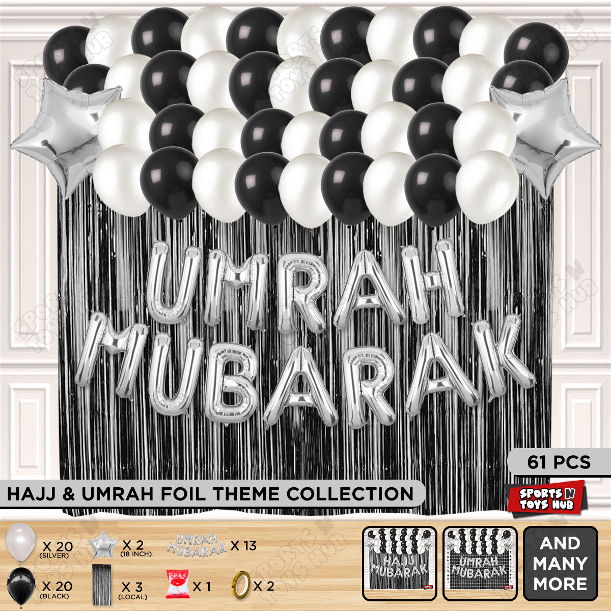 Umrah Mubarak Silver Foil Letter Curtain Theme Collection