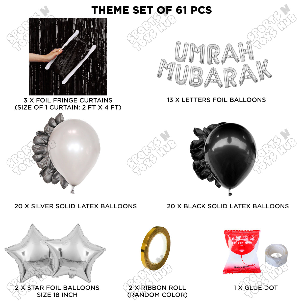 Umrah Mubarak Silver Foil Letter Curtain Theme Collection