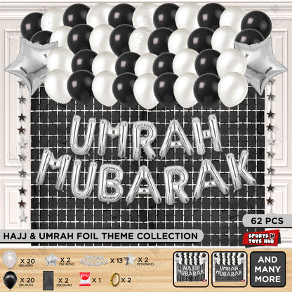 Umrah Mubarak Silver Foil Letter Rectangle Curtain Theme Collection