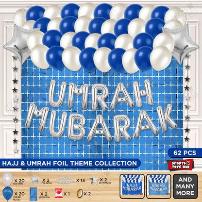 Umrah Mubarak Silver Foil Letter Rectangle Curtain Theme Collection