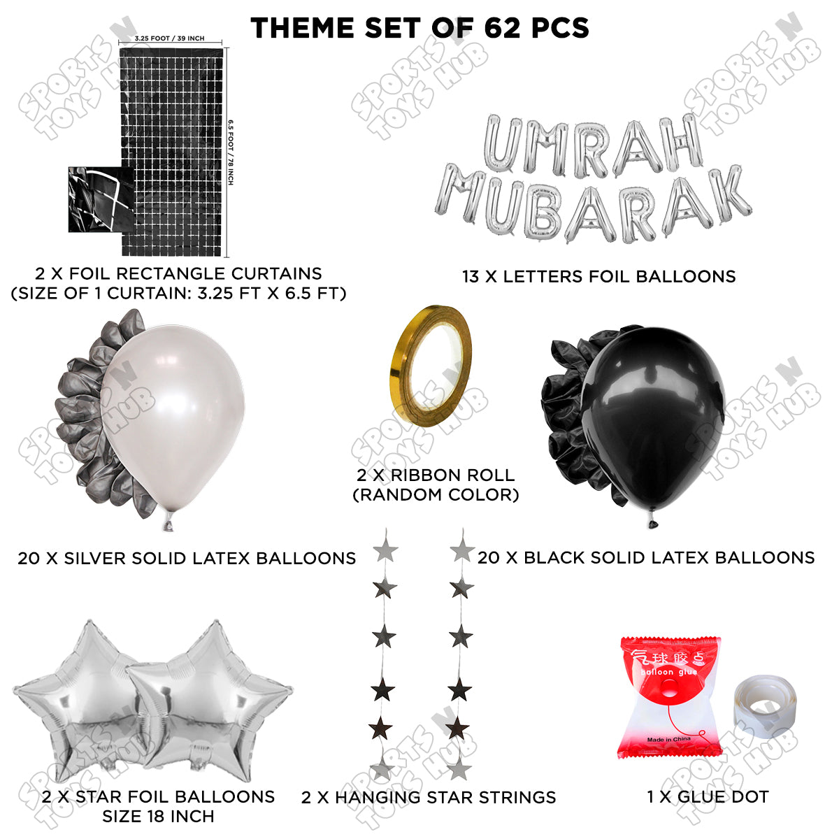 Umrah Mubarak Silver Foil Letter Rectangle Curtain Theme Collection