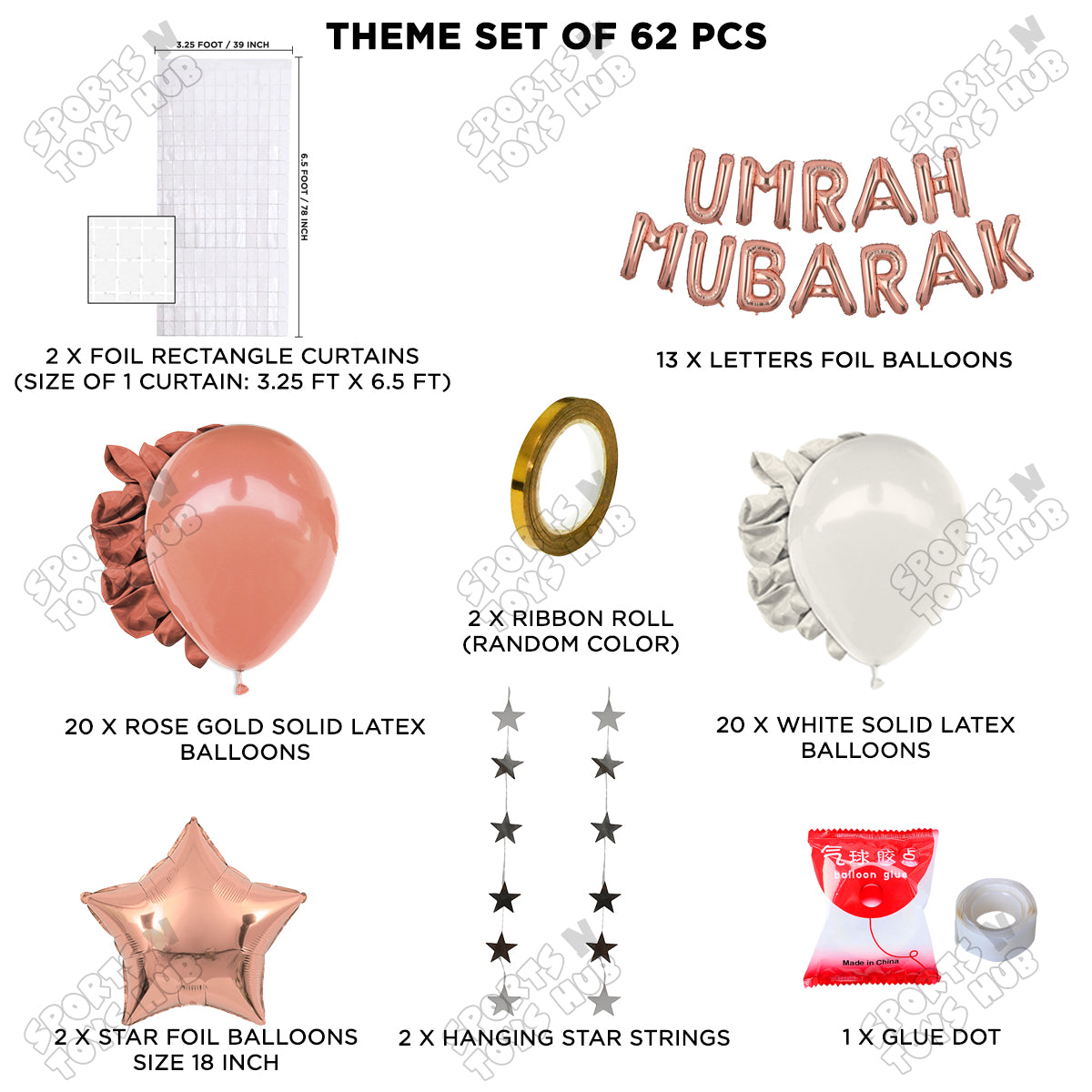 Umrah Mubarak Rose Gold Foil Letter Rectangle Curtain Theme Collection