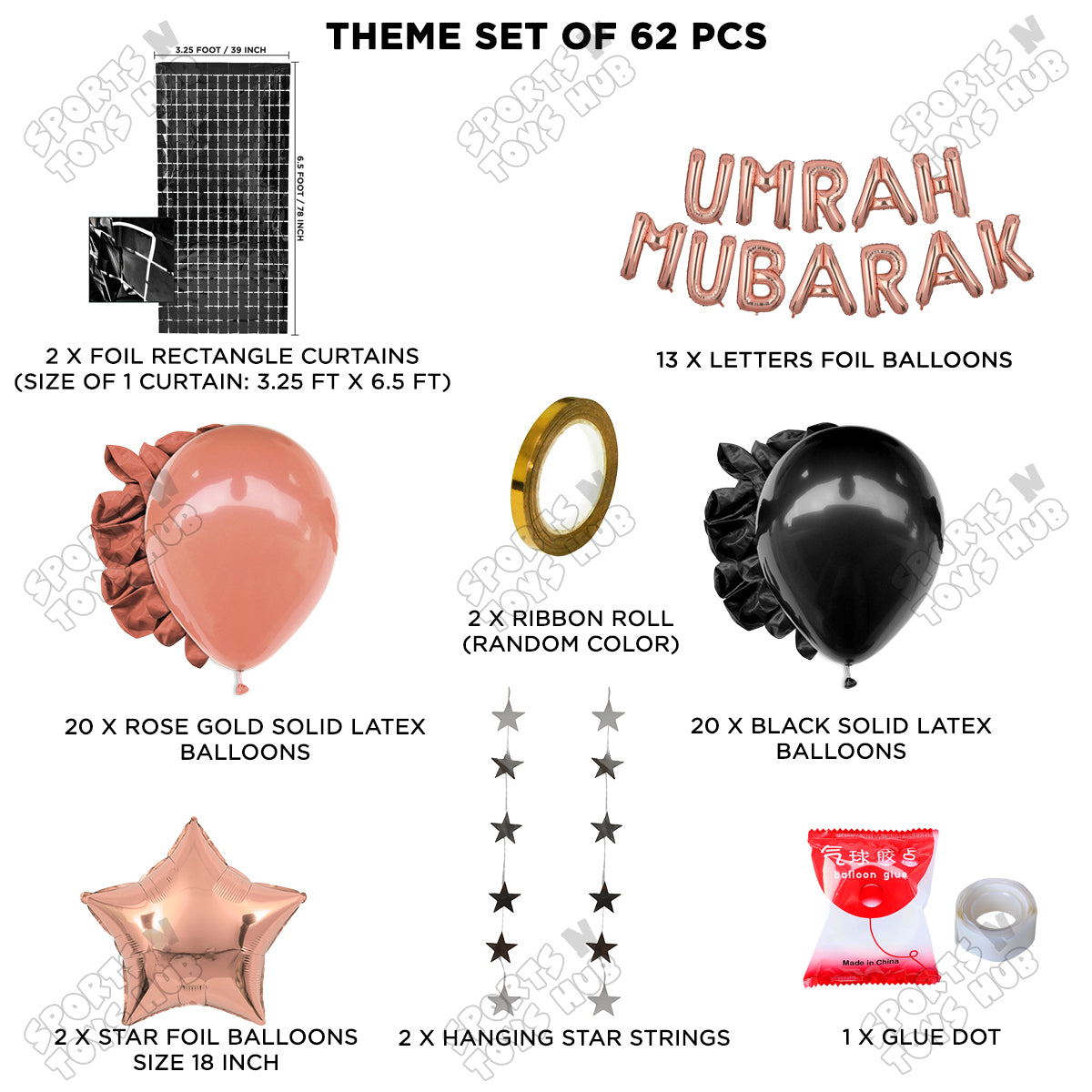 Umrah Mubarak Rose Gold Foil Letter Rectangle Curtain Theme Collection