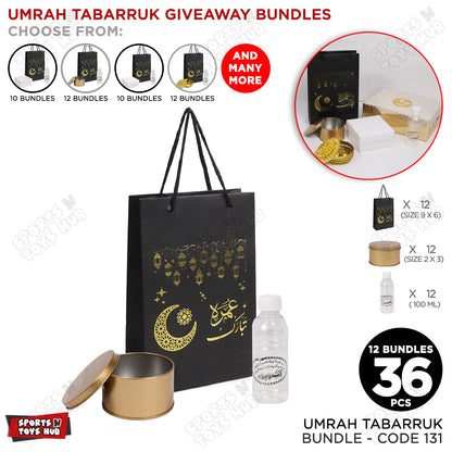 Umrah Tabarruk Bundle - 6x9x2.5 Inch Paper Card Bag with 3x3 Metal Tin Box & 100ml Zam Zam Bottle - 36 pcs / 12 Bundles