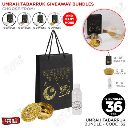 Umrah Tabarruk Bundle - 6x9x2.5 Inch Paper Card Bag with 3x3 Plastic Favor Box & 100ml Zam Zam Bottle - 36 pcs / 12 Bundles