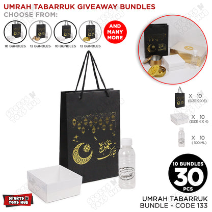 Umrah Tabarruk Bundle - 6x9x2.5 Inch Paper Card Bag with 4x4x2 Clear Lid Cardboard Box & 100ml Zam Zam Bottle - 30 pcs / 10 Bundles