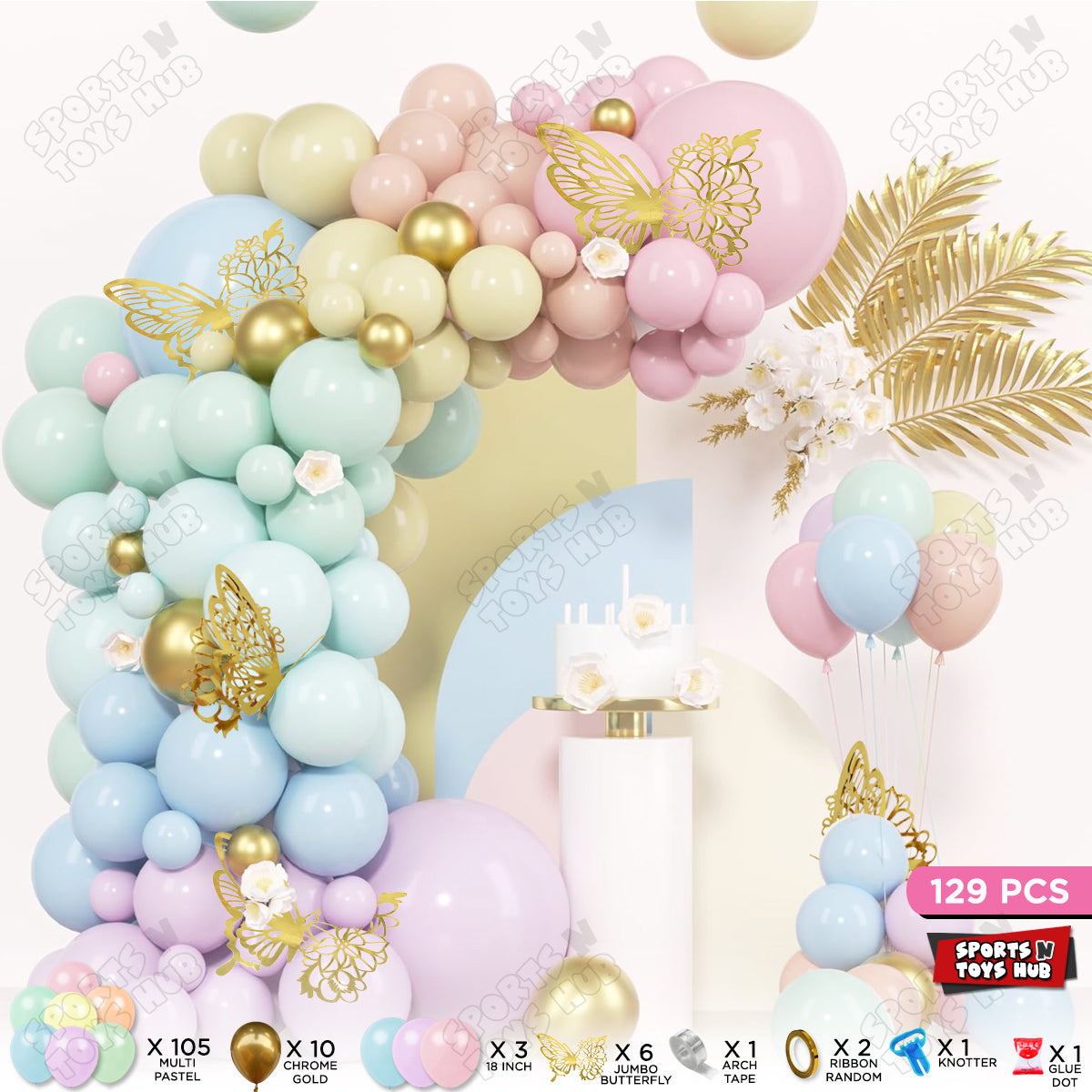 Multi Pastel Latex & Chrome Balloon Arch Kit – 129 Pcs | Butterfly Birthday Party, Baby Shower, Balloon Garland & Backdrop Decorations