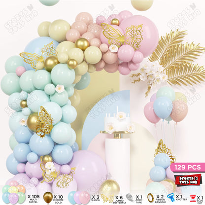 Multi Pastel Latex & Chrome Balloon Arch Kit – 129 Pcs | Butterfly Birthday Party, Baby Shower, Balloon Garland & Backdrop Decorations