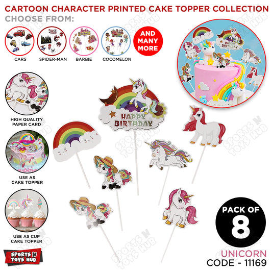 Cartoon Characters HBD Unicorn Cake Topper - 8 Pcs