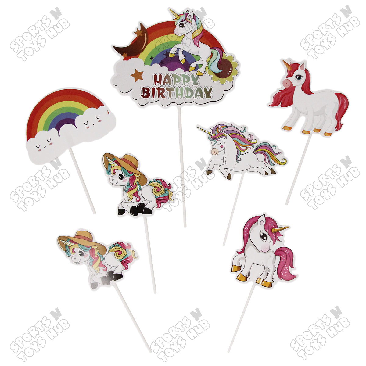 Cartoon Characters HBD Unicorn Cake Topper - 8 Pcs