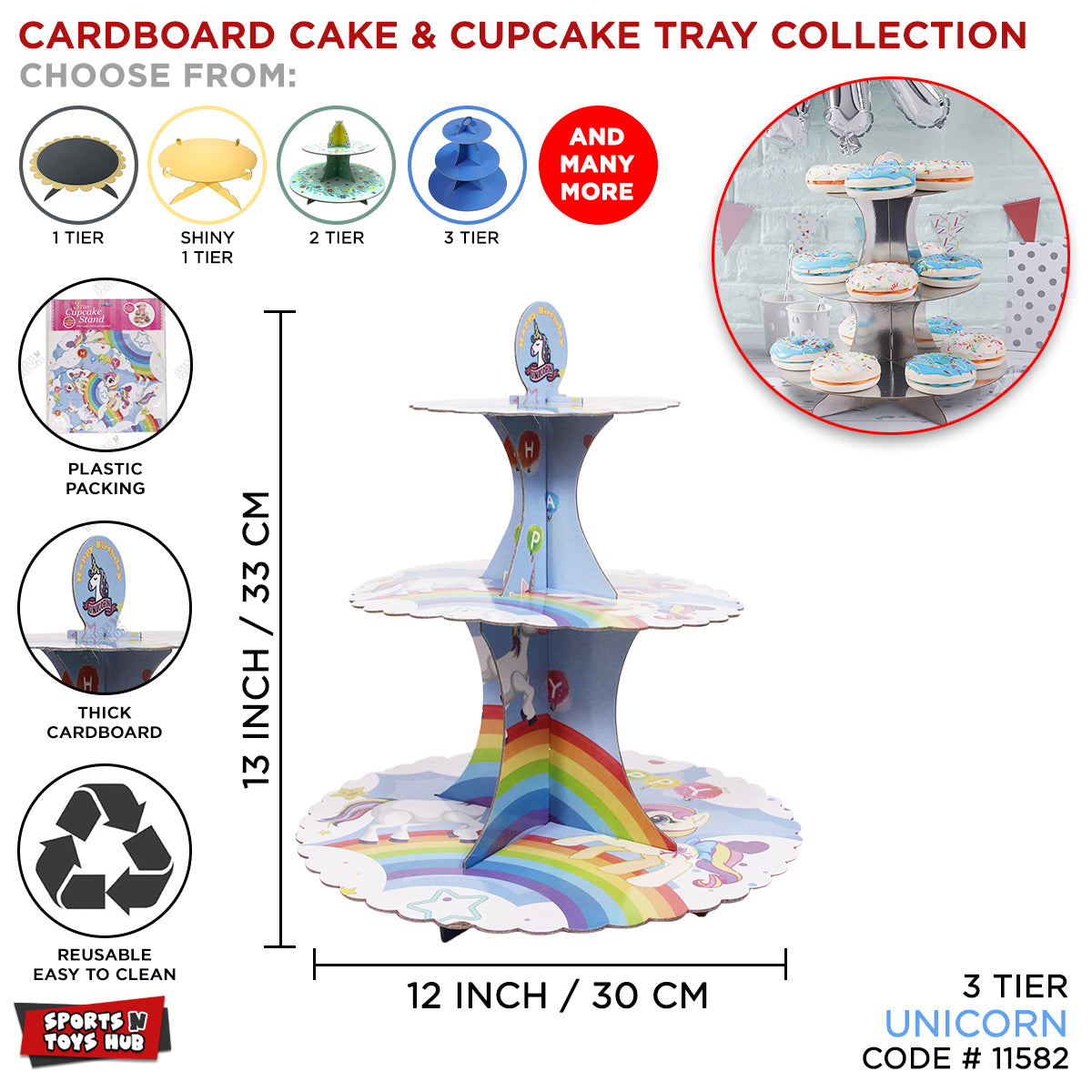 Three Tier Printed Unicorn Cardboard Cake Stand Tray