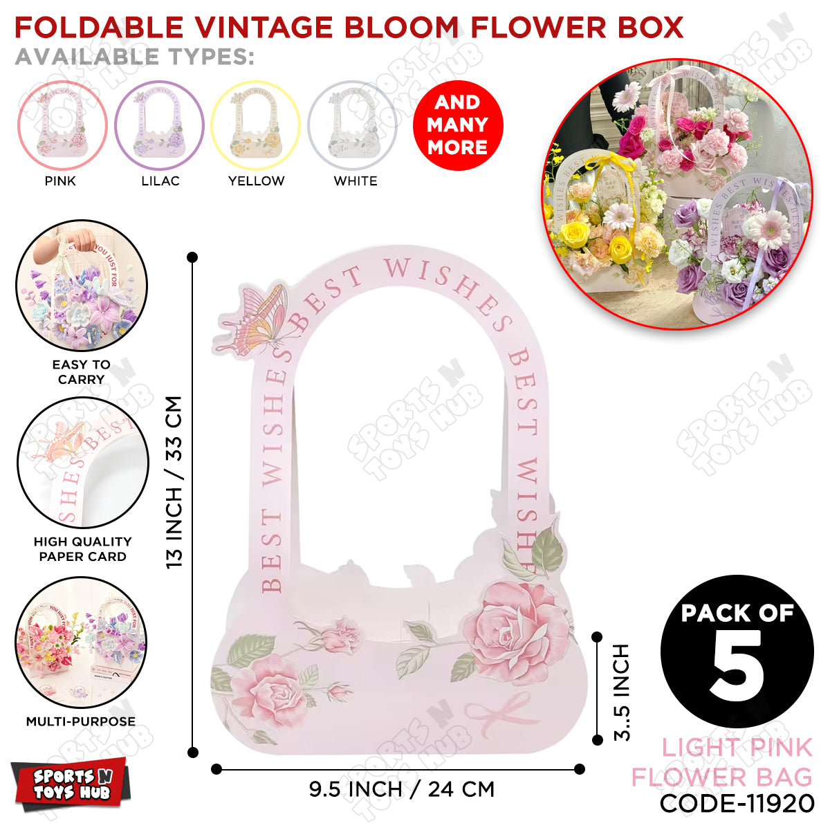 Foldable Vintage Bloom Flower Bag – Elegant Floral Gift Bag | Collapsible Flower Bouquet Holder, Premium Rose Packaging Box for Weddings, Birthdays