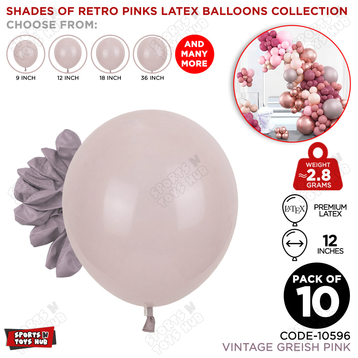 Vintage Greish Pink Latex Balloons Available In 9, 12, 18 & 36 Inch Sizes