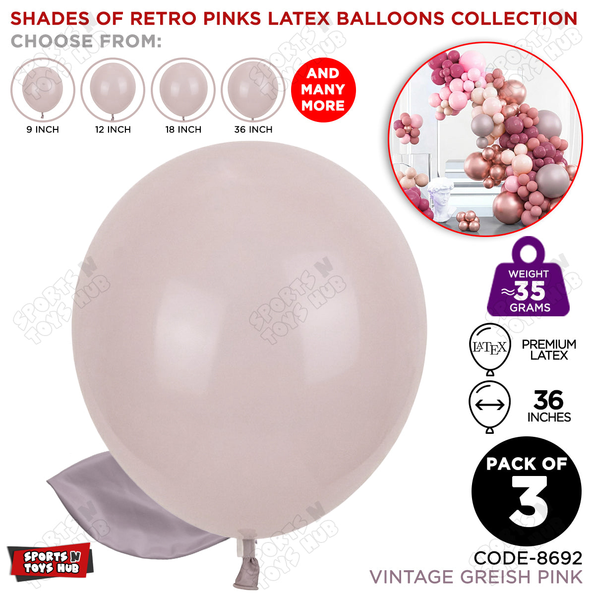 Vintage Greish Pink Latex Balloons Available In 9, 12, 18 & 36 Inch Sizes