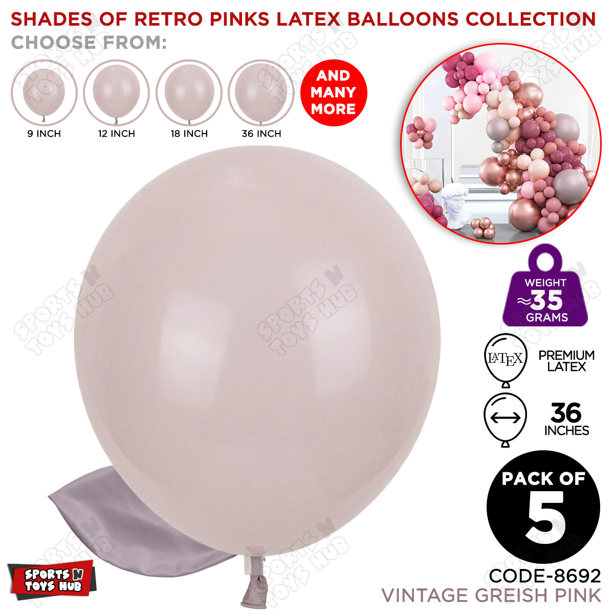 Vintage Greish Pink Latex Balloons Available In 9, 12, 18 & 36 Inch Sizes