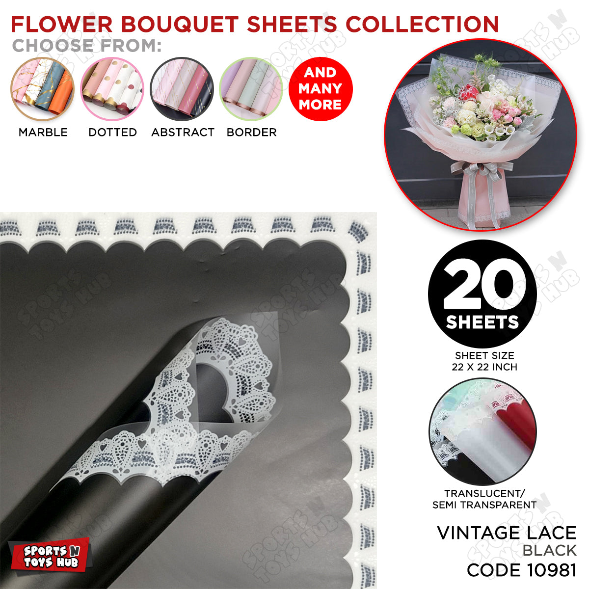 Flower Sheet Vintage Lance Border Style, Wrapping Paper, Floral Gifting Sheets Bouquet Collection