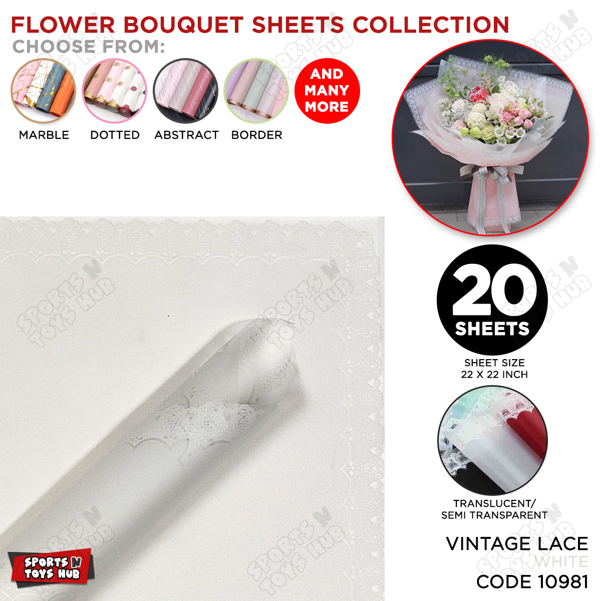 Flower Sheet Vintage Lance Border Style, Wrapping Paper, Floral Gifting Sheets Bouquet Collection