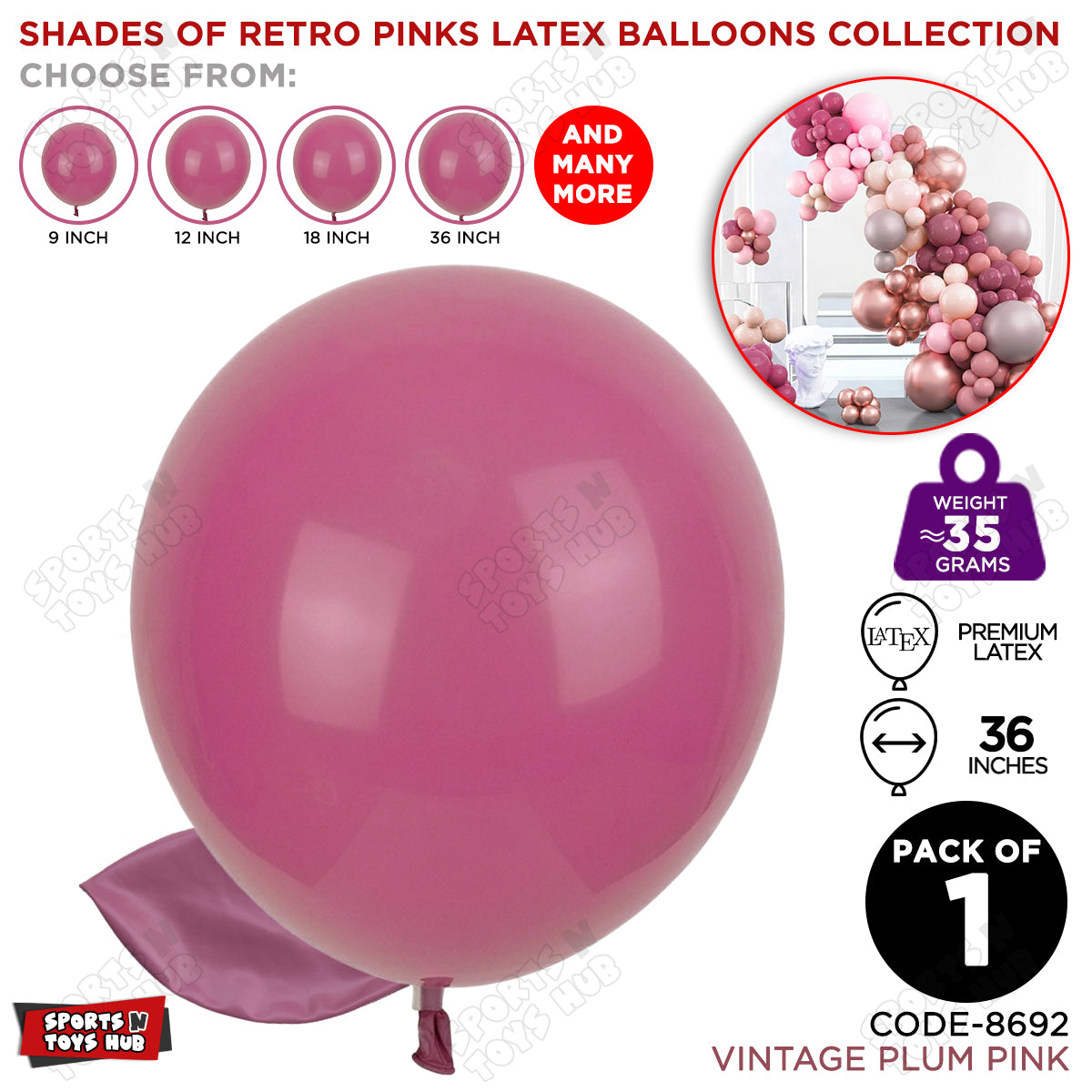 Vintage Plum Pink Latex Balloons Available In 9, 12, 18 & 36 Inch Sizes