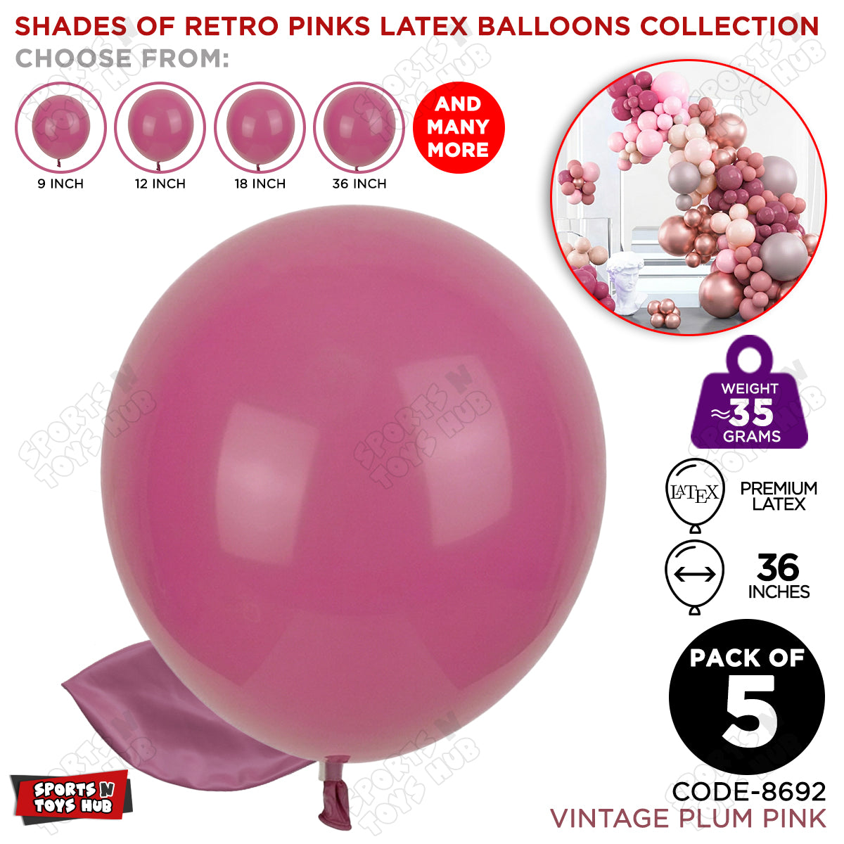Vintage Plum Pink Latex Balloons Available In 9, 12, 18 & 36 Inch Sizes