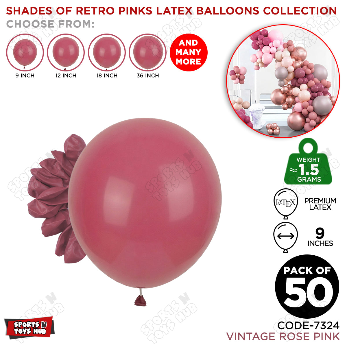 Vintage Rose Pink Latex Balloons Available In 9, 12, 18 & 36 Inch Sizes