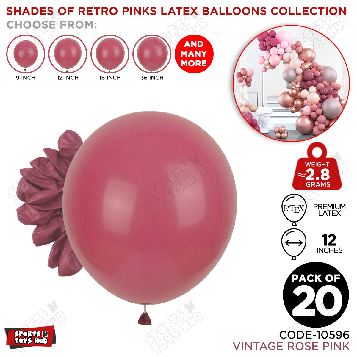 Vintage Rose Pink Latex Balloons Available In 9, 12, 18 & 36 Inch Sizes