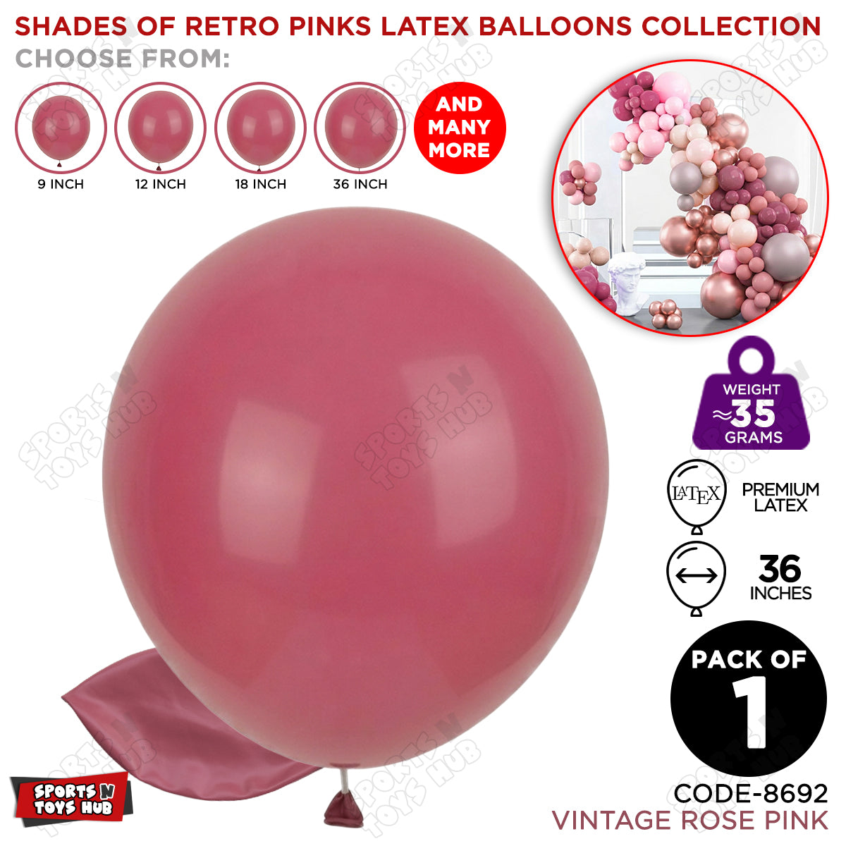 Vintage Rose Pink Latex Balloons Available In 9, 12, 18 & 36 Inch Sizes