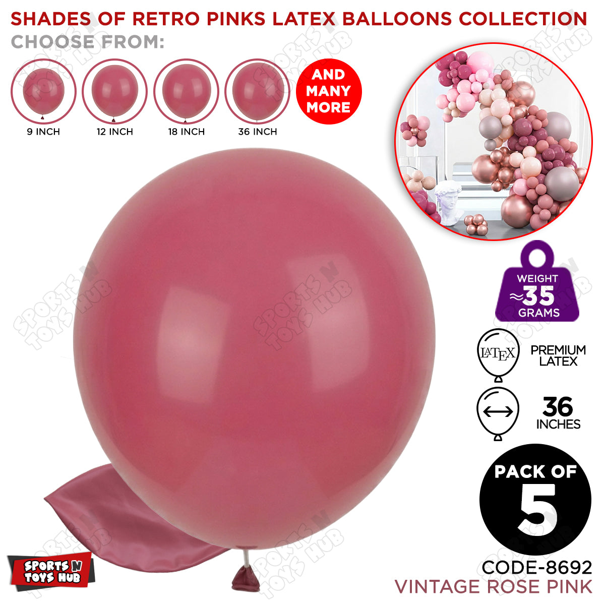 Vintage Rose Pink Latex Balloons Available In 9, 12, 18 & 36 Inch Sizes