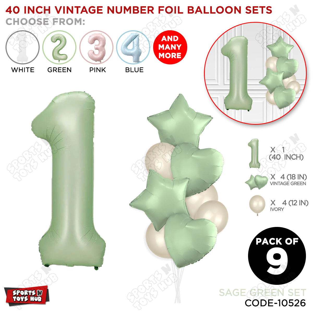 Sage Green Color 40 Inch Number Foil Balloon Set