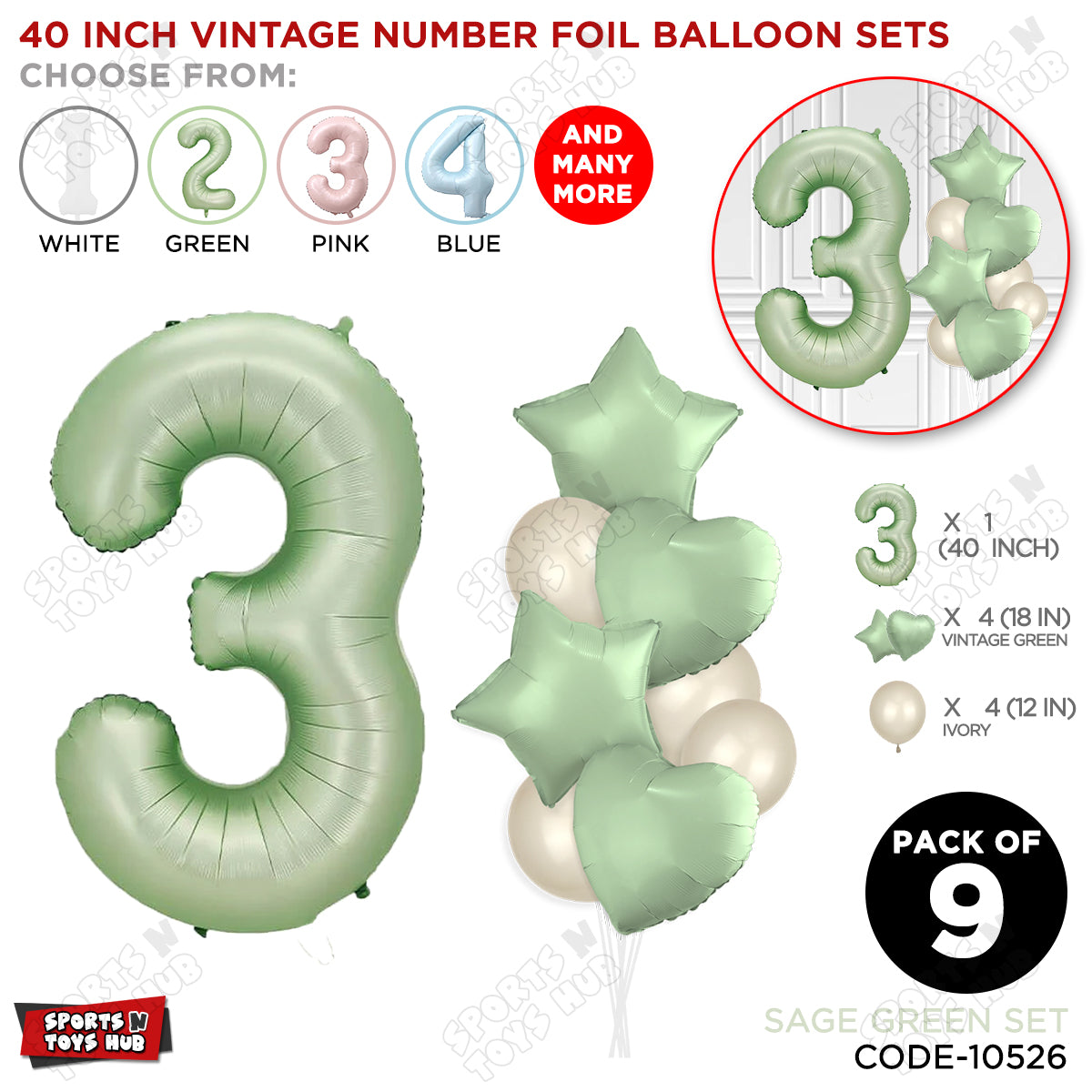 Sage Green Color 40 Inch Number Foil Balloon Set