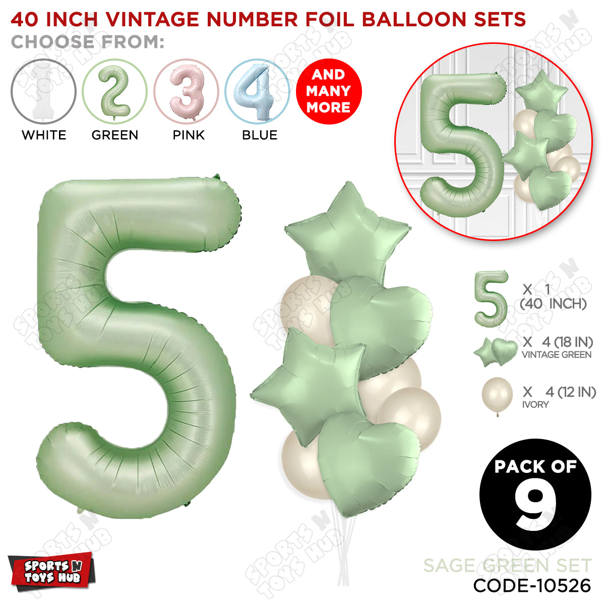 Sage Green Color 40 Inch Number Foil Balloon Set