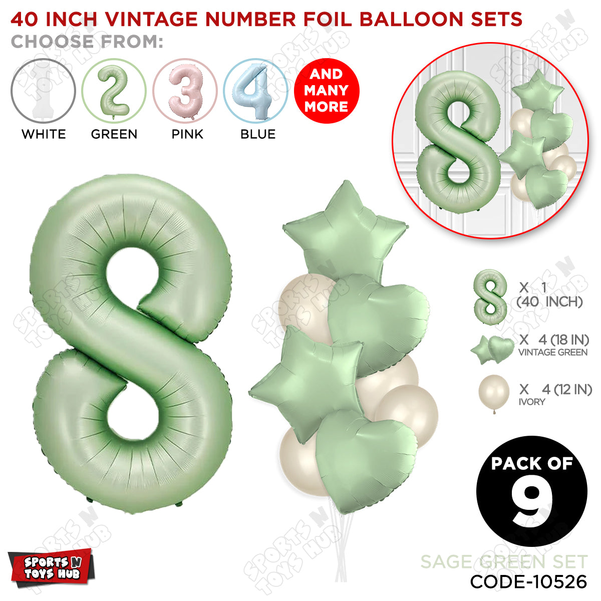 Sage Green Color 40 Inch Number Foil Balloon Set