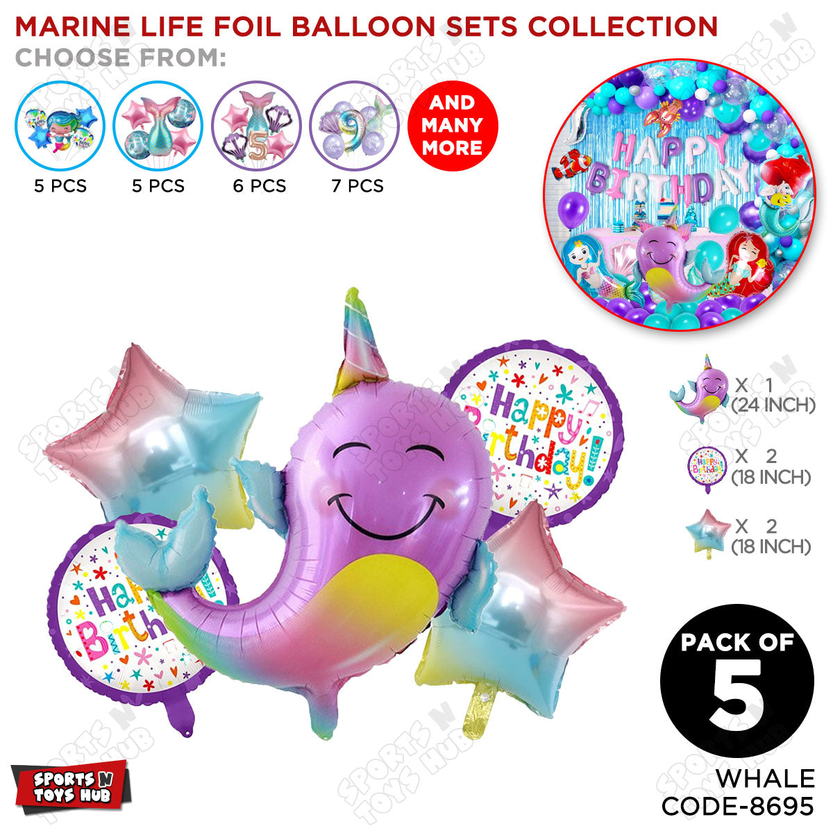 Whale Foil Balloon Pack Of 5 Set