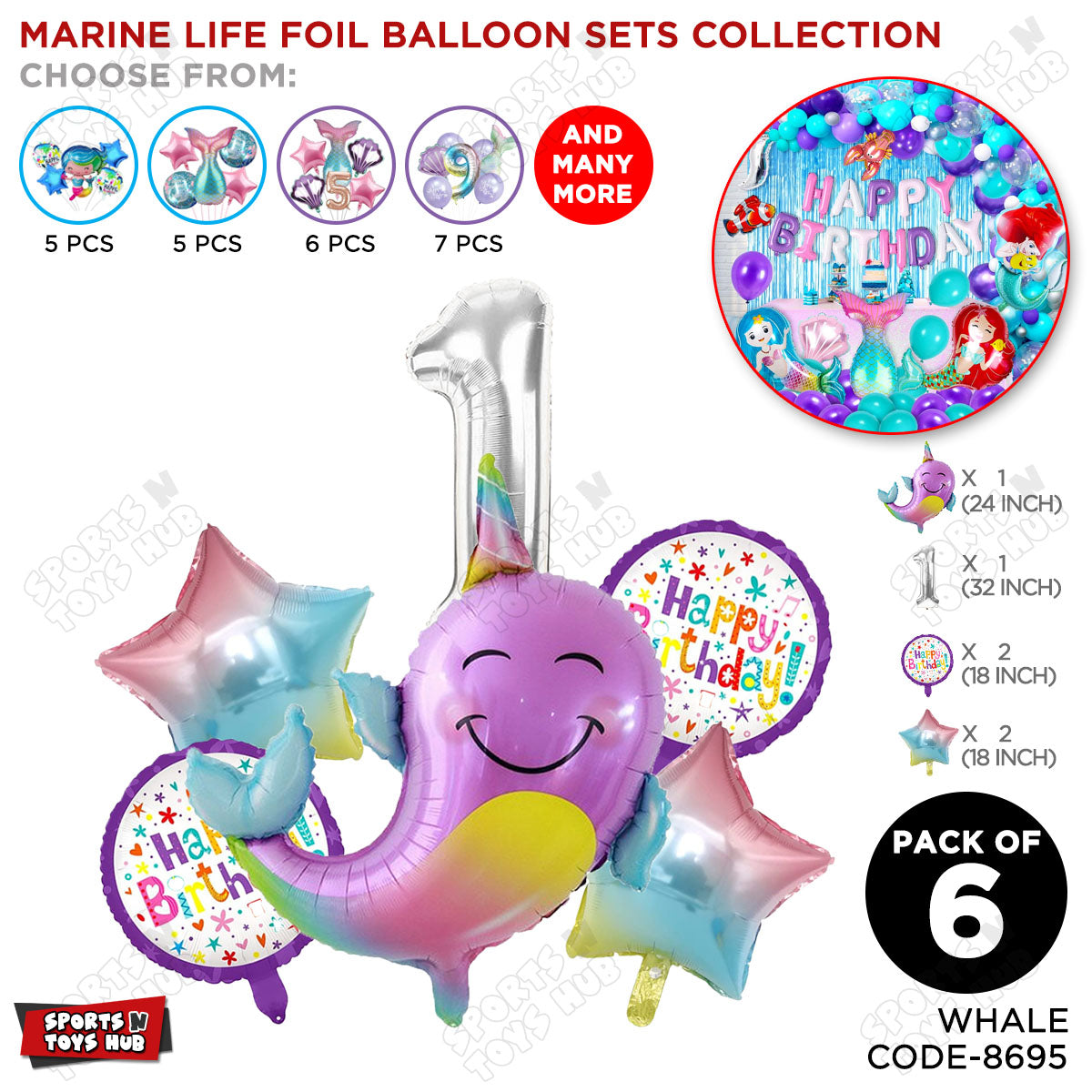 Whale Foil Balloon Pack Of 6 Set With 32 Inch Foil Number Balloons
