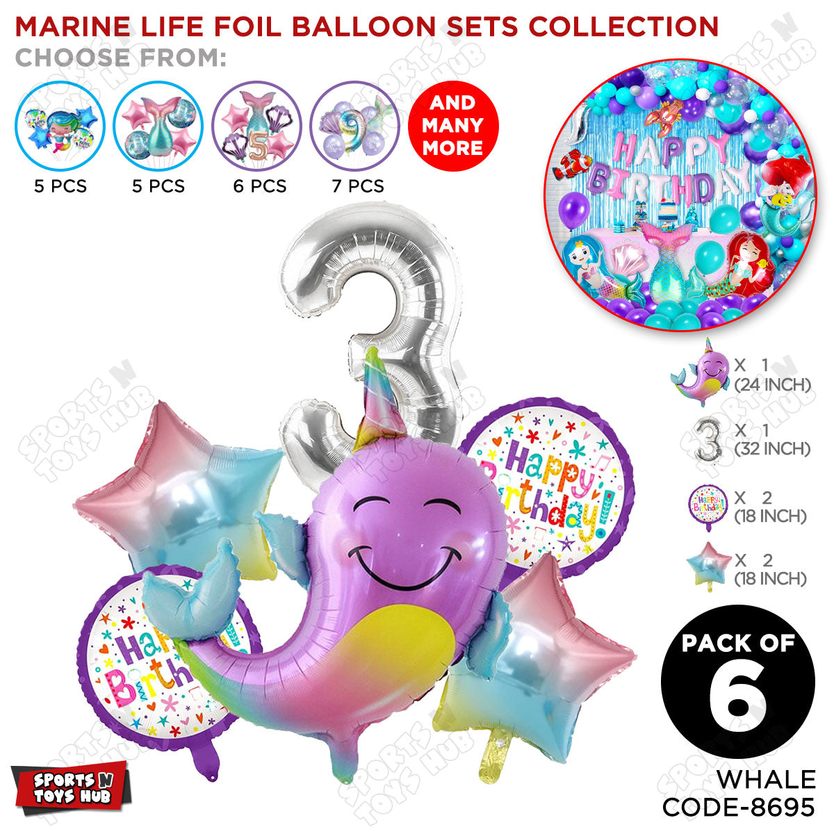 Whale Foil Balloon Pack Of 6 Set With 32 Inch Foil Number Balloons