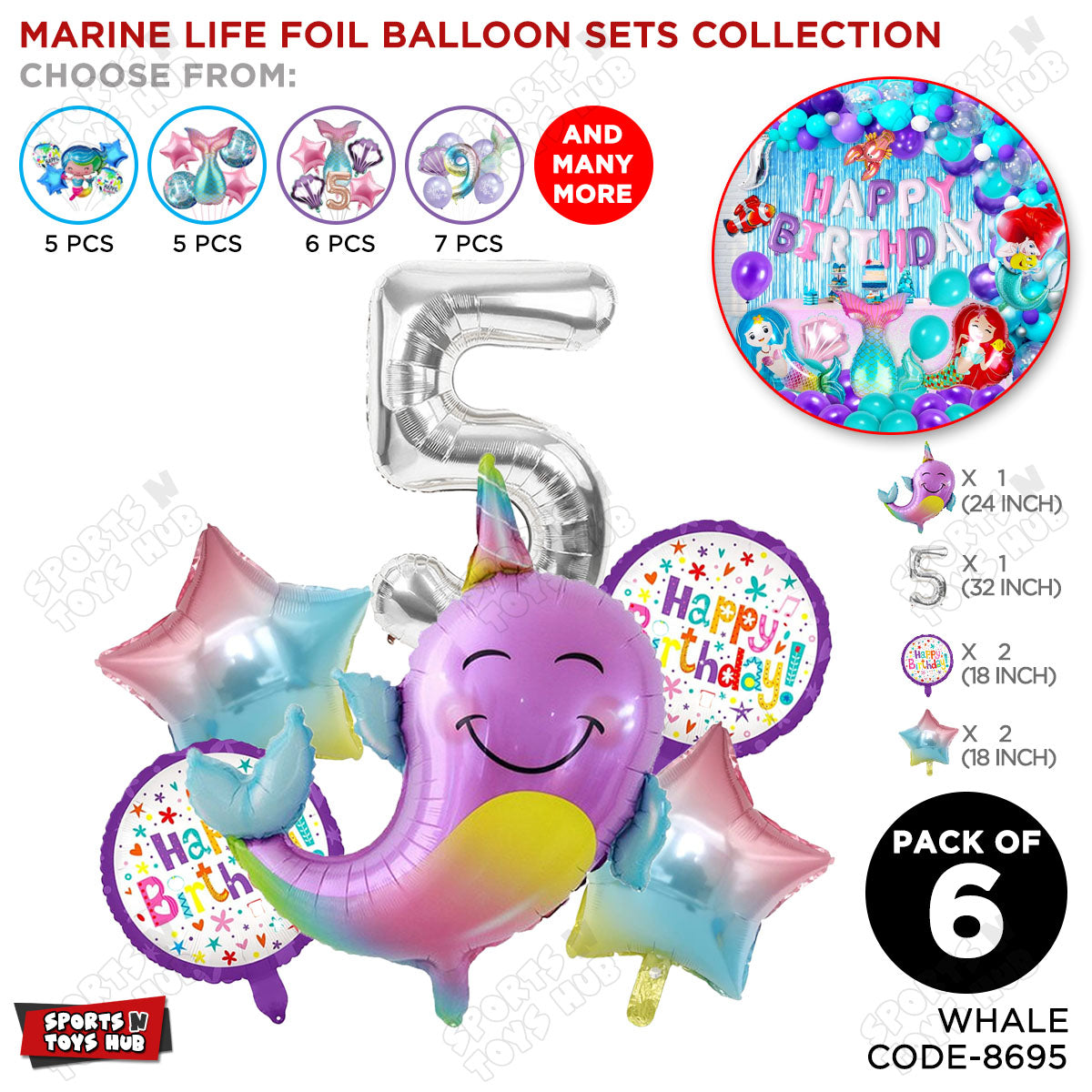 Whale Foil Balloon Pack Of 6 Set With 32 Inch Foil Number Balloons