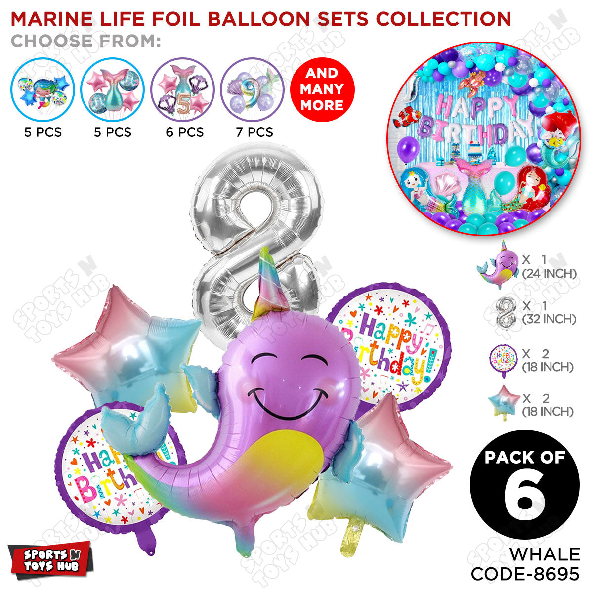 Whale Foil Balloon Pack Of 6 Set With 32 Inch Foil Number Balloons