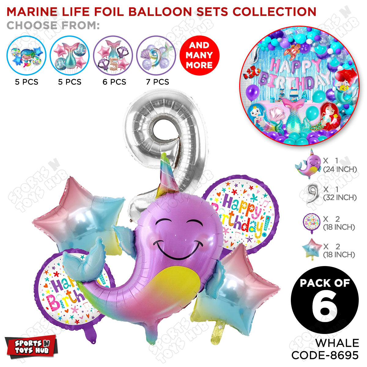 Whale Foil Balloon Pack Of 6 Set With 32 Inch Foil Number Balloons