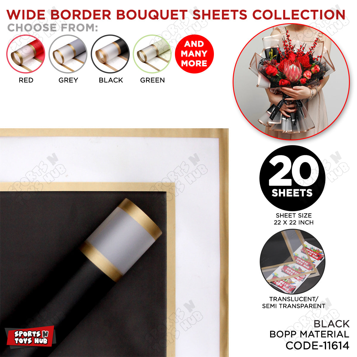 New Triple Edge Wide Transparent Gold Border Translucent Matte Florist Wrapping Sheets