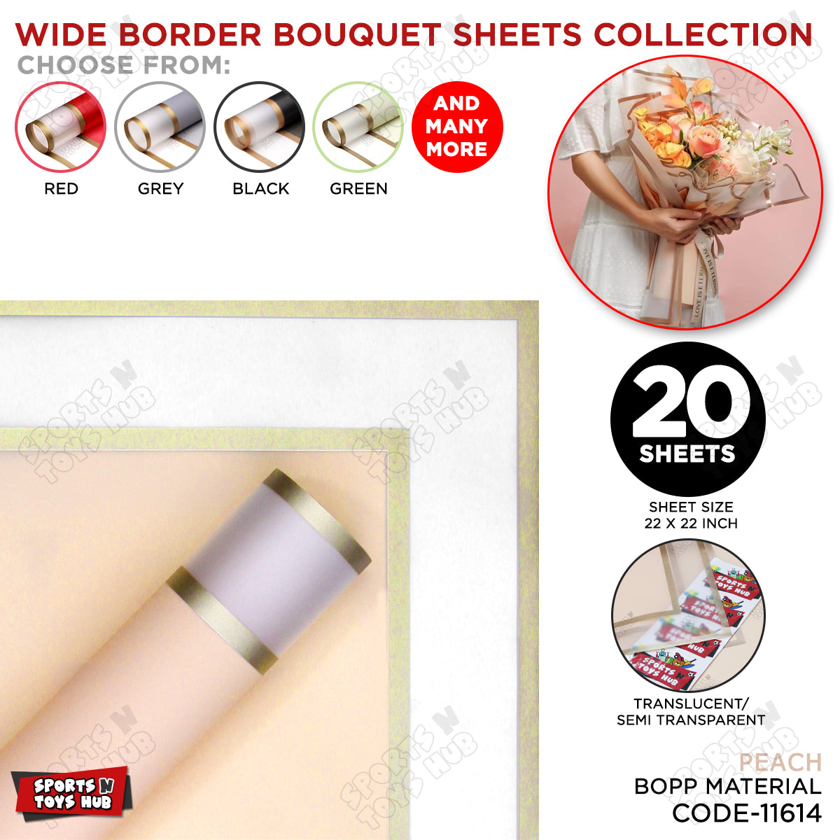 New Triple Edge Wide Transparent Gold Border Translucent Matte Florist Wrapping Sheets