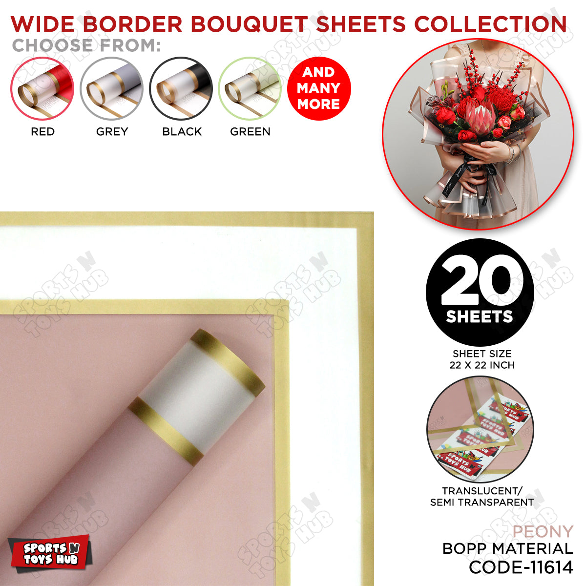 New Triple Edge Wide Transparent Gold Border Translucent Matte Florist Wrapping Sheets