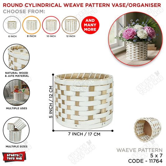 Round Cylindrical Weave Pattern Vase & Organizer – Natural Wood & Jute Woven Storage Basket
