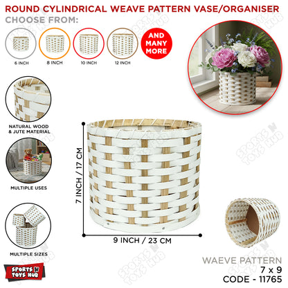 Round Cylindrical Weave Pattern Vase & Organizer – Natural Wood & Jute Woven Storage Basket