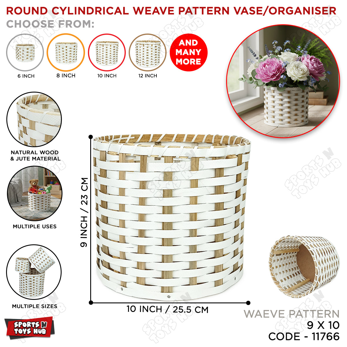Round Cylindrical Weave Pattern Vase & Organizer – Natural Wood & Jute Woven Storage Basket
