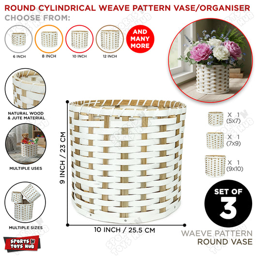 Round Cylindrical Weave Pattern Vase & Organizer – Natural Wood & Jute Woven Storage Basket Set Of 3 - Combo Pack