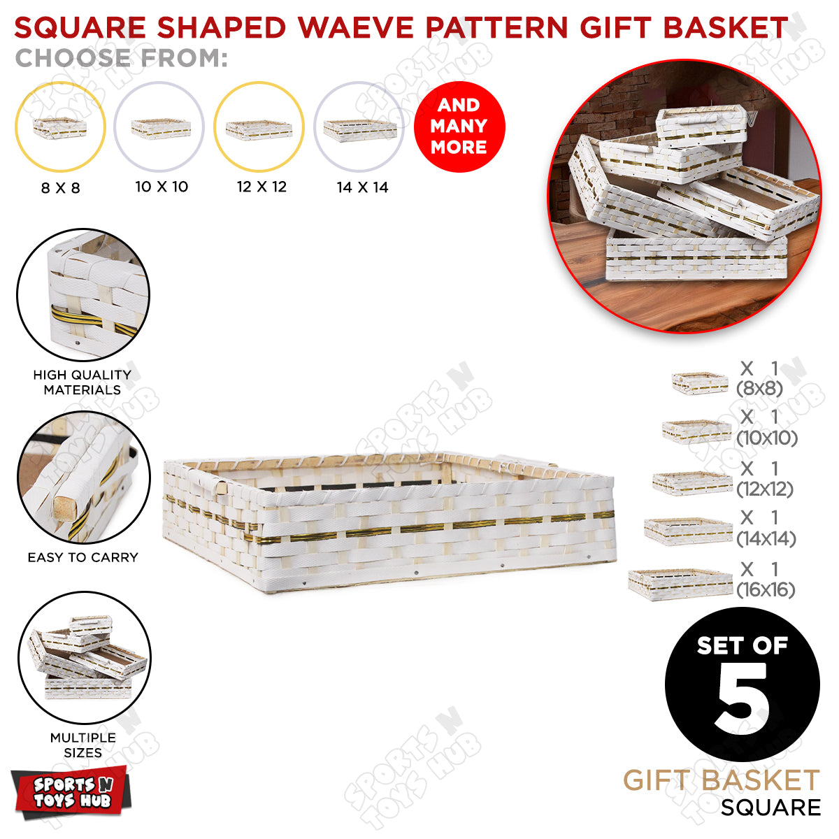 White Weave Pattern Square Shape Wood Basket Collection