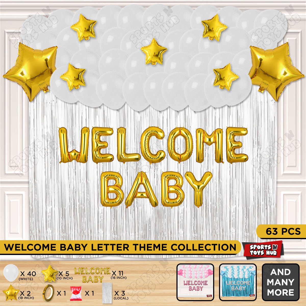 Welcome Baby Foil Letter Theme With Curtain - White & Gold