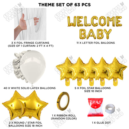 Welcome Baby Foil Letter Theme With Curtain - White & Gold