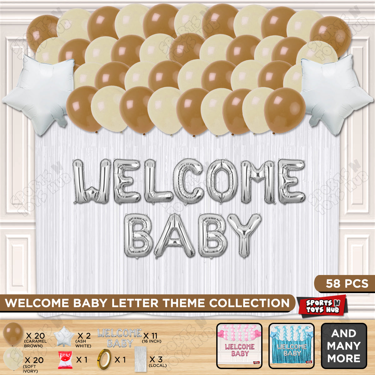 Welcome Baby Foil Letter Theme With Curtain - Ivory & Caramel Brown