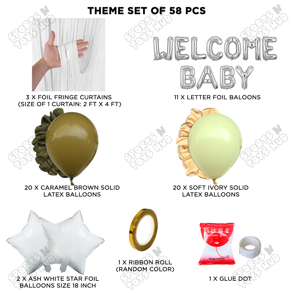 Welcome Baby Foil Letter Theme With Curtain - Ivory & Caramel Brown