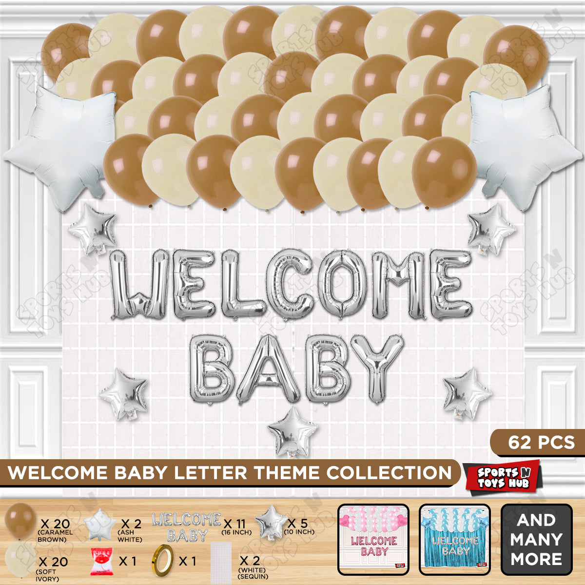 Welcome Baby Foil Letter Theme With Rectangle Curtain - Ivory & Caramel Brown